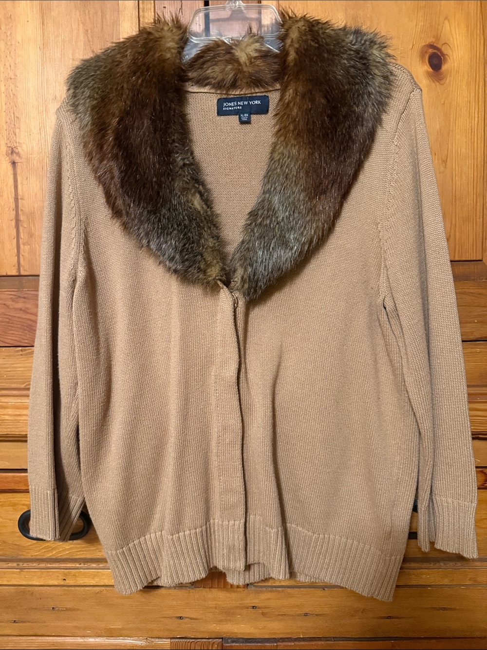 Jones New York Camel Knit Cardigan with Faux-Fur Collar